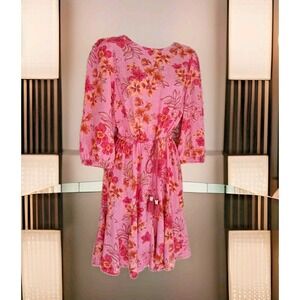 LOFT Dress Pink Floral S Puff Sleeves Cut-out Back Tasseled Tie Waist Beach Boho